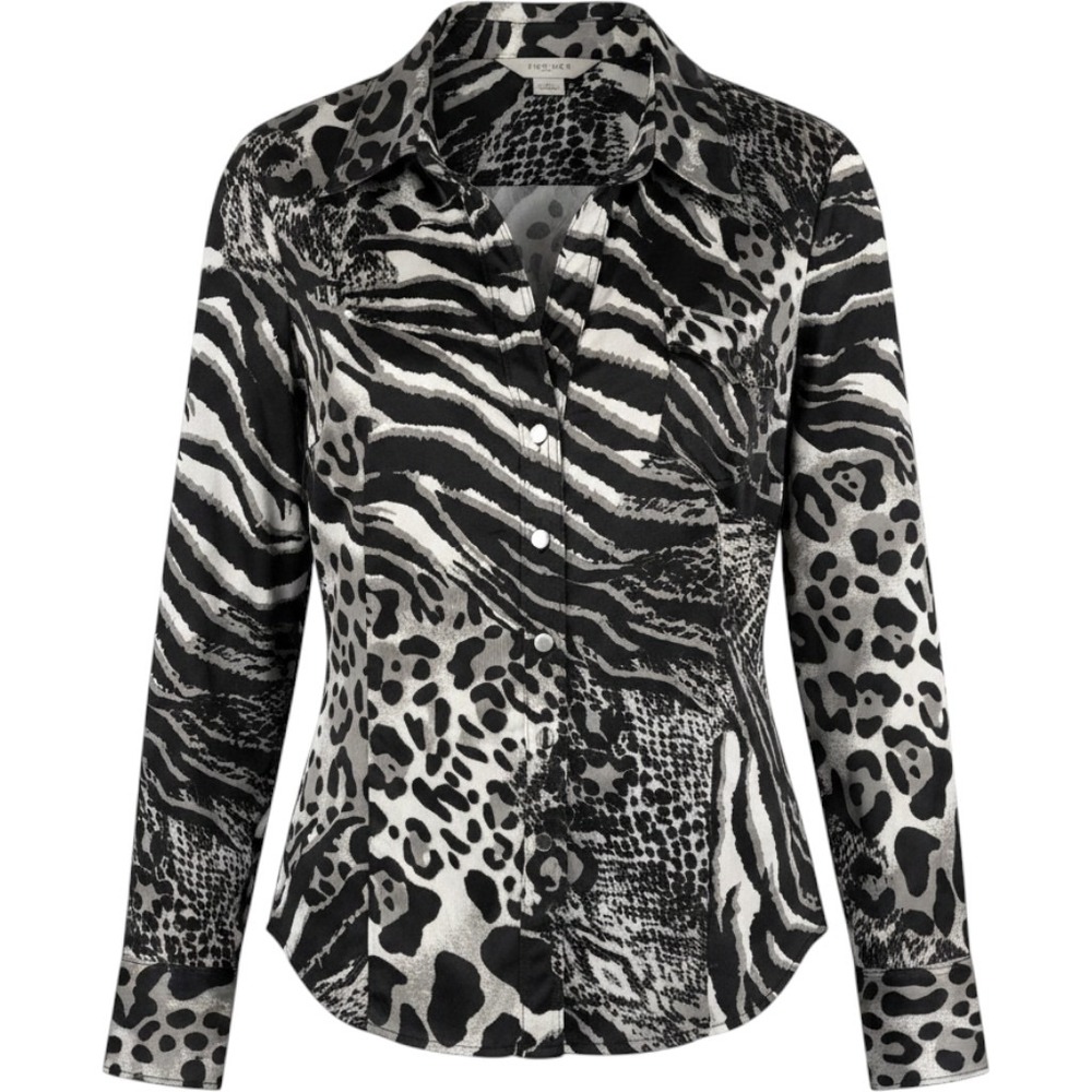 Cache Animal Print Blouse XL Black White Gray Snap Front Mixed Media Top